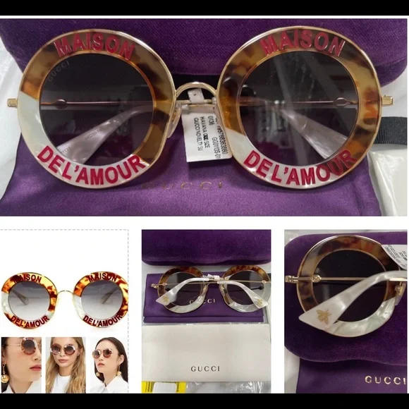 GUCCI UNSEX “ HOUSE OF LOVE HAVANA & PEARL LINE DETAILING ROUND SUNGLASSES